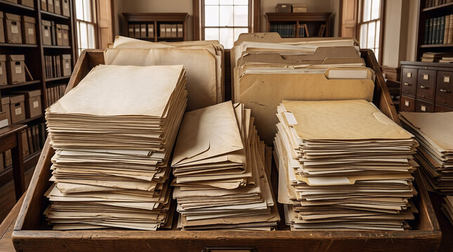 Stacks of aged manuscript papers in a vintage library archive with archives