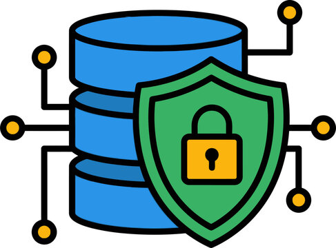 Database security icon showing a protected server stack behind a green shield with a padlock.