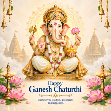 Divine Lord Ganesha Blessing Pose with Lotus, Modak, and Oil Lamps for Happy Ganesh Chaturthi Poster