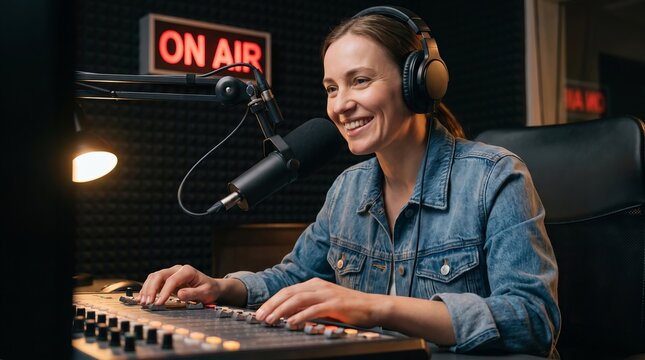 Cheerful female radio DJ hosting live broadcast inside studio