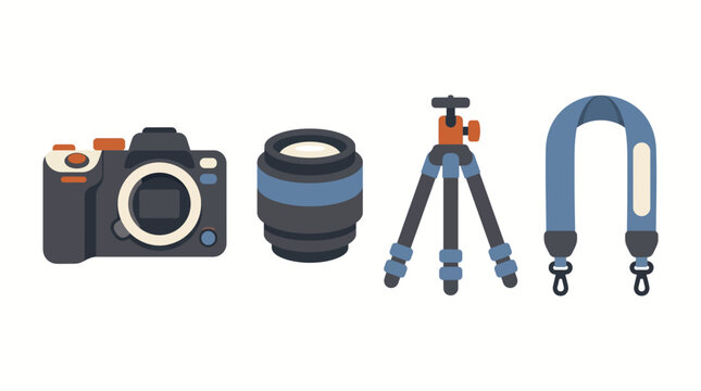 Set of professional photography equipment including camera lens tripod and strap icons.