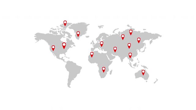 Animation of a pin location world map with markers on continents