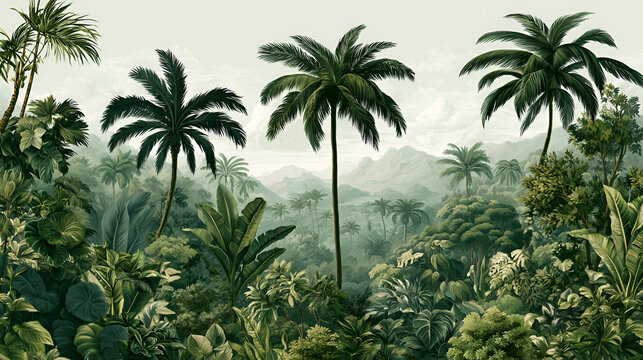 Vintage tropical wallpaper with palm trees and jungle leaves, muted green botanical mural, hand-drawn exotic forest landscape for interior design Stock Illustration