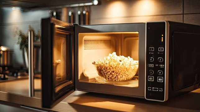 A modern microwave oven is open, revealing a bowl of freshly popped popcorn inside.