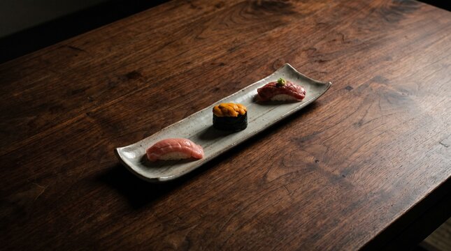 Nigiri sushi on a long plate