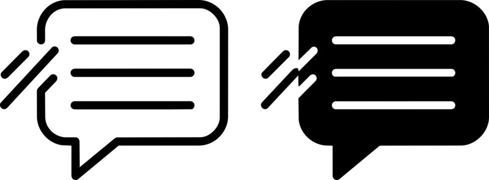 Fast text message chat bubble with action lines outline and solid vector icon.