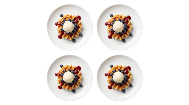 Belgian waffles with vanilla ice cream and fresh berries, four plates of sweet breakfast dessert, golden toasted waffles with blueberries isolated PNG with Transparent Background