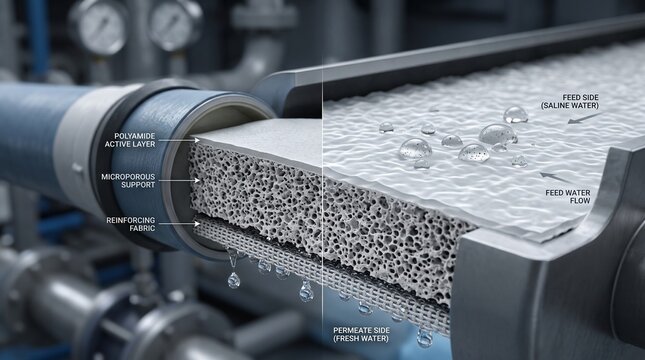 Reverse osmosis membrane diagram showing layers filtration process for desalinating water.