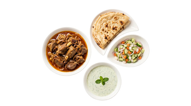 Traditional Indian mutton curry with paratha bread, spicy lamb stew with flatbread and raita, authentic South Asian meat dish with salad isolated PNG with Transparent Background