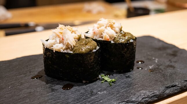 Crab and crab miso gunkan maki