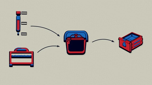Two specimen inputs converge into one laboratory workflow that proceeds through staging, centrifugation and transfer to an analyzer. Flat 3D style with a halftone dot screen.
