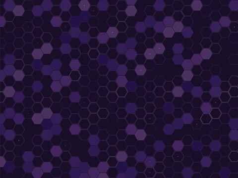 Abstract dark background with glowing hexagonal grid patterns and small dotted light points inside.