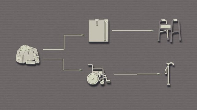 Patient discharge branches from packed belongings and discharge paperwork into separate routes for supported mobility and departure. Flat 3D style with smooth matte surfaces.