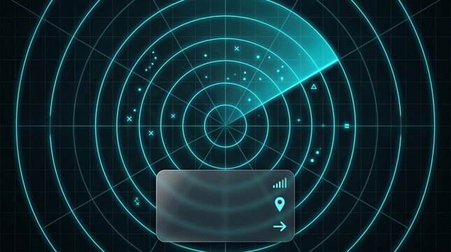 Glowing cyan radar screen scanning target points with info UI box
