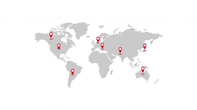 Red pin location world map graphics on white background