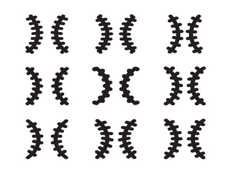 Softball and baseball stitches set, black silhouette vector icons for sports design.