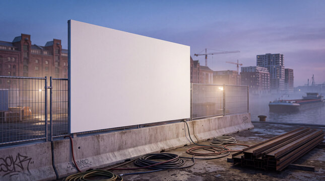 Blank billboard at a waterfront construction site with steel beams, safety fencing, concrete barriers, city skyline, cranes, and cargo vessel at dusk