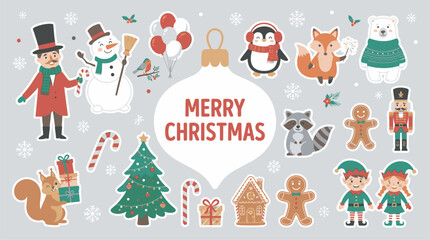 Naklejka premium Merry Christmas sticker set with hand drawn vector characters of Santa snowman animals and festive holiday elements isolated Merry Christmas