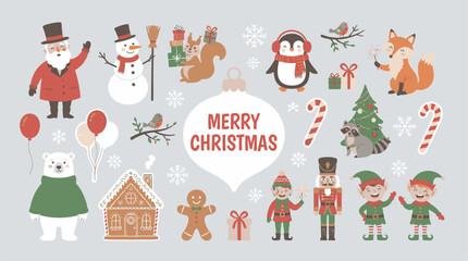 Fototapeta premium Cute Christmas character sticker collection with Santa snowman and winter woodland animals in flat vector illustration style Merry Christmas