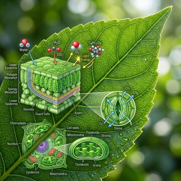 Photosynthesis diagram on green leaf, plant cell structure and chloroplast anatomy, educational biology infographic for science
