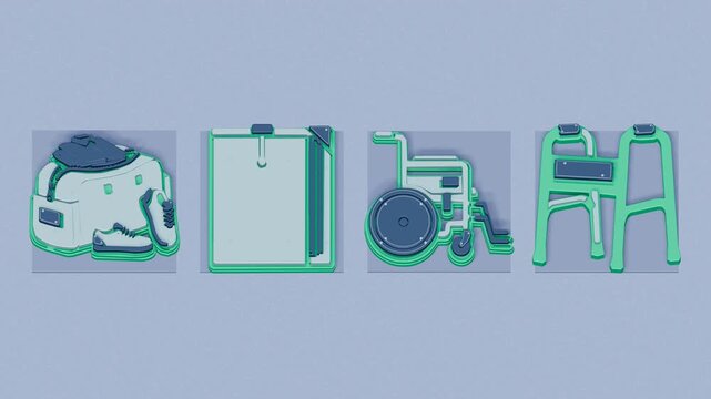 Discharge preparation brings personal belongings, patient paperwork and mobility aids together for a comparison of departure needs. Flat 3D style with smooth matte surfaces.