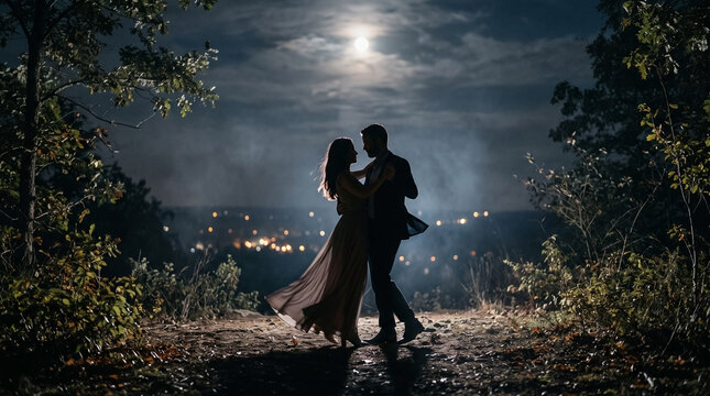 Silhouetted couple dancing on a hill under a bright full moon