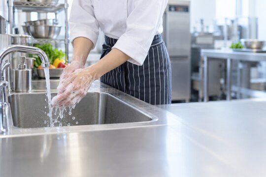 業務用厨房で正しく手洗いする調理スタッフ
