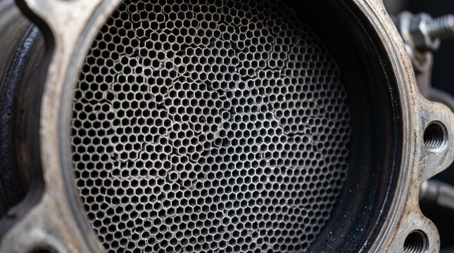 Metallic honeycomb filter structure inside heavy industrial machine part for purification.