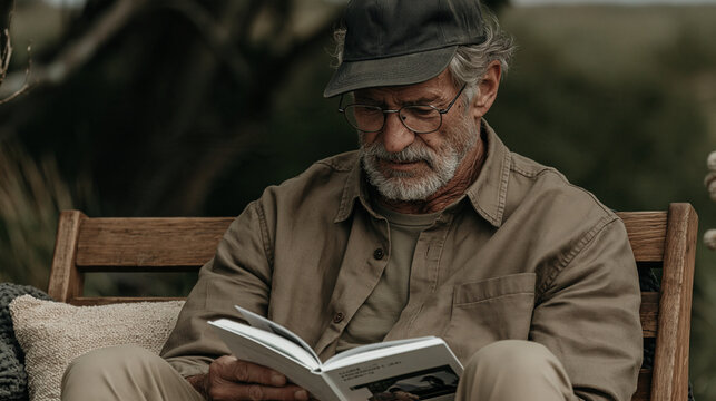 Elderly person reading book on bench