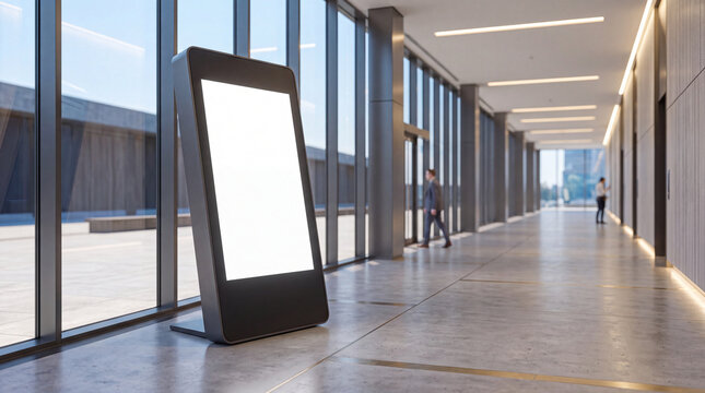 Modern digital signage kiosk in a bright office corridor with floor-to-ceiling windows, polished concrete flooring, and contemporary architectural interior design