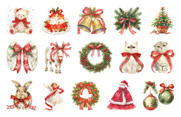 Fototapeta premium PNG Festive holiday decorations collection, element set on transparent background