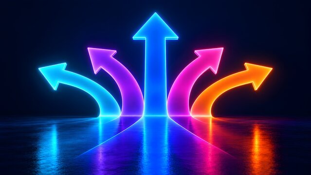 3D Glowing Neon Arrows Branching Out Representing Alternative Business Choices and Diverse Strategies