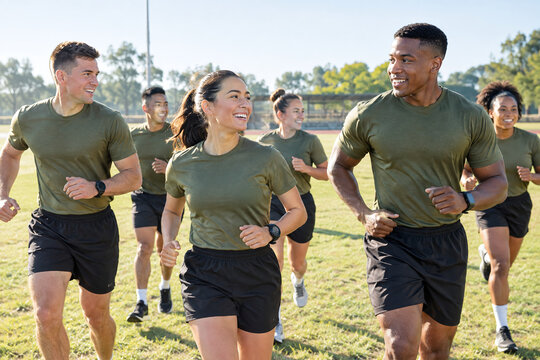 Group of Cadets Running Together During Outdoor Fitness Training, Concept of Discipline, Teamwork, Endurance, and Motivation in Military Bootcamp