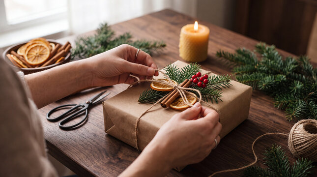 Hands decorating a kraft paper gift with dried orange slices, cinnamon sticks, evergreen branches, red berries, and twine on a rustic wooden table