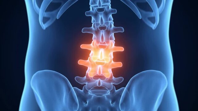 Human spine anatomy with lower back pain in lumbar bone area