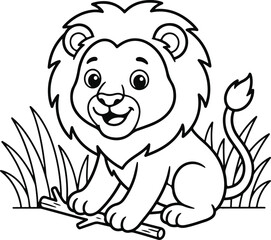 Obraz premium Cute cartoon lion cub sitting and playing with a wooden stick in the grass, black and white outline illustration for coloring book