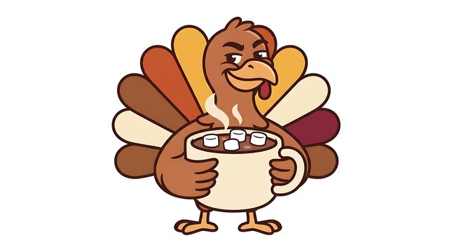 Cute cartoon turkey holding a steaming mug of hot chocolate with marshmallows for thanksgiving holiday celebration