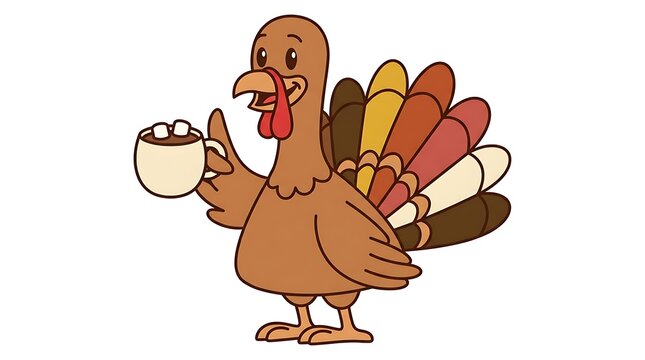 Cute cartoon turkey bird holding a cup of hot cocoa with marshmallows for a thanksgiving holiday celebration