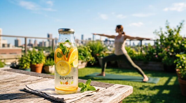 Infused water bottle with lemon orange and mint on wooden table woman practicing yoga on sunny rooftop terrace healthy lifestyle fitness hydration and wellness concept