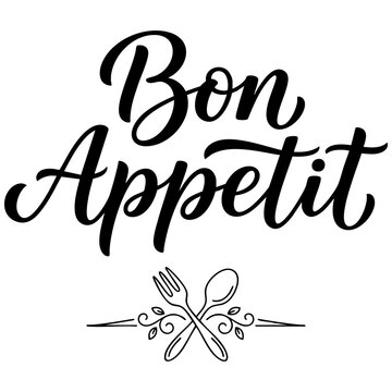 Bon appetit hand lettering calligraphy quote vector illustration with crossed fork and spoon lettering calligraphy typography illustration