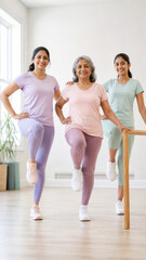 Fototapeta premium Three women exercise together in a bright home, balancing on one leg beside a wooden support. The scene promotes fitness, wellness, and active aging.