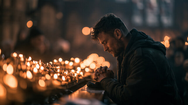 Man Praying in Church with Lit Candles