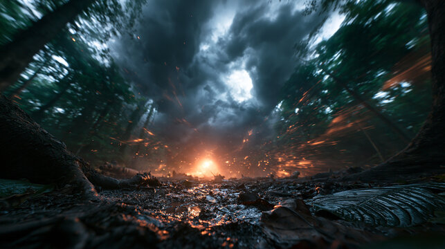 Dramatic Wildfire Explosion in Forest with Stormy Clouds