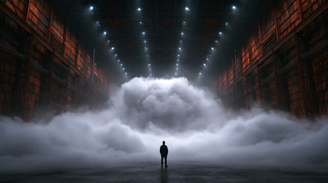 Massive Cloud in Industrial Warehouse with Distant Silhouette