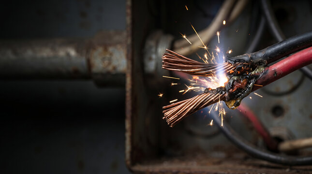 Close-up of burning copper wires with intense orange sparks and melted insulation. Ideal for fire safety and electrical hazard awareness.