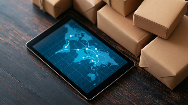 Digital Tablet with Global Logistics Map and Delivery Packages