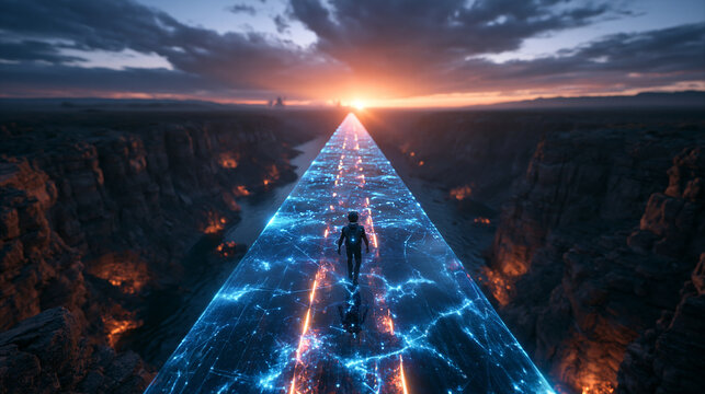 Futuristic Figure Walking on Glowing Digital Pathway at Sunset