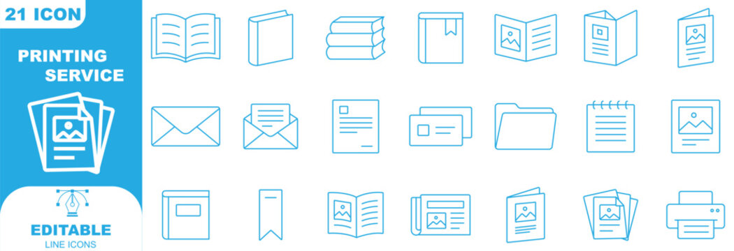 Book, print collateral line icons set. Brochure, catalog, flyer, envelope, letterhead flat minimal vector illustrations. Simple outline signs for publishing house. Blue duotone color. Editable Stroke.