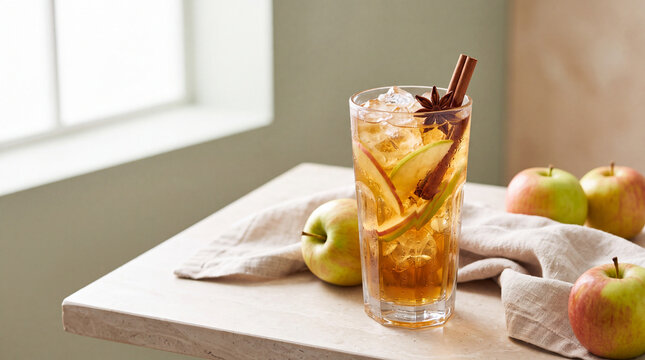 Refreshing iced apple cider with apple slices, cinnamon sticks, and star anise in a glass on a sunlit table with fresh apples and linen cloth still life