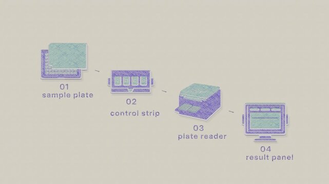The reader compares sample and control signals to determine whether a batch meets acceptance criteria as results trend downward. Flat 3D style with a graphite pencil texture; objects numbered and
